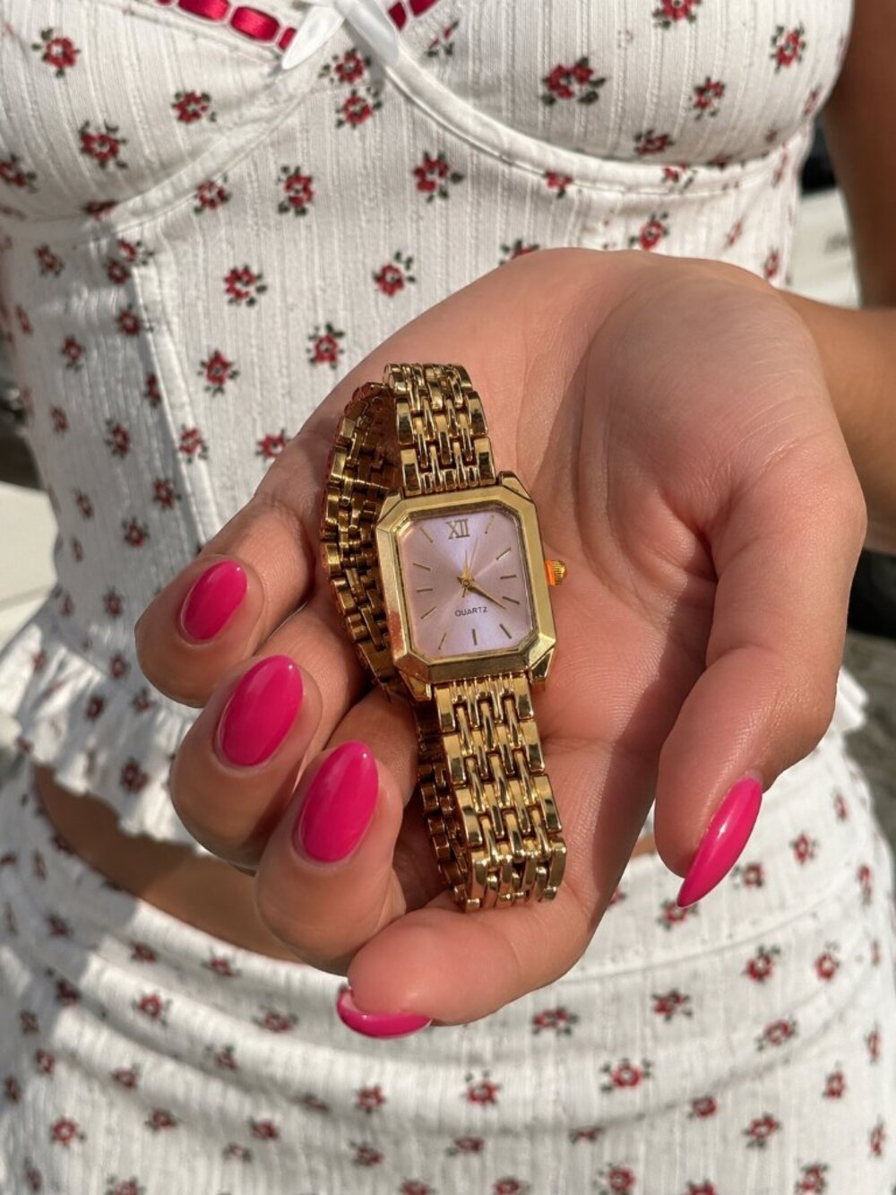 Gold-Tone Octagonal Watch with Pink Dial and Multi-Link Bracelet
